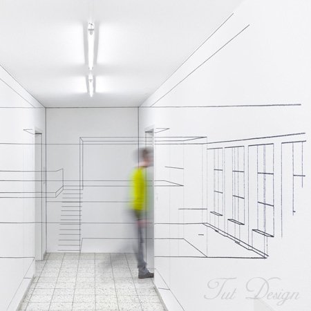 щведский дизайн, интерьерные решения, абстрактные линейные рисунки, современный дизайн в интерьере, интерьер офисного центра, графика на стенах